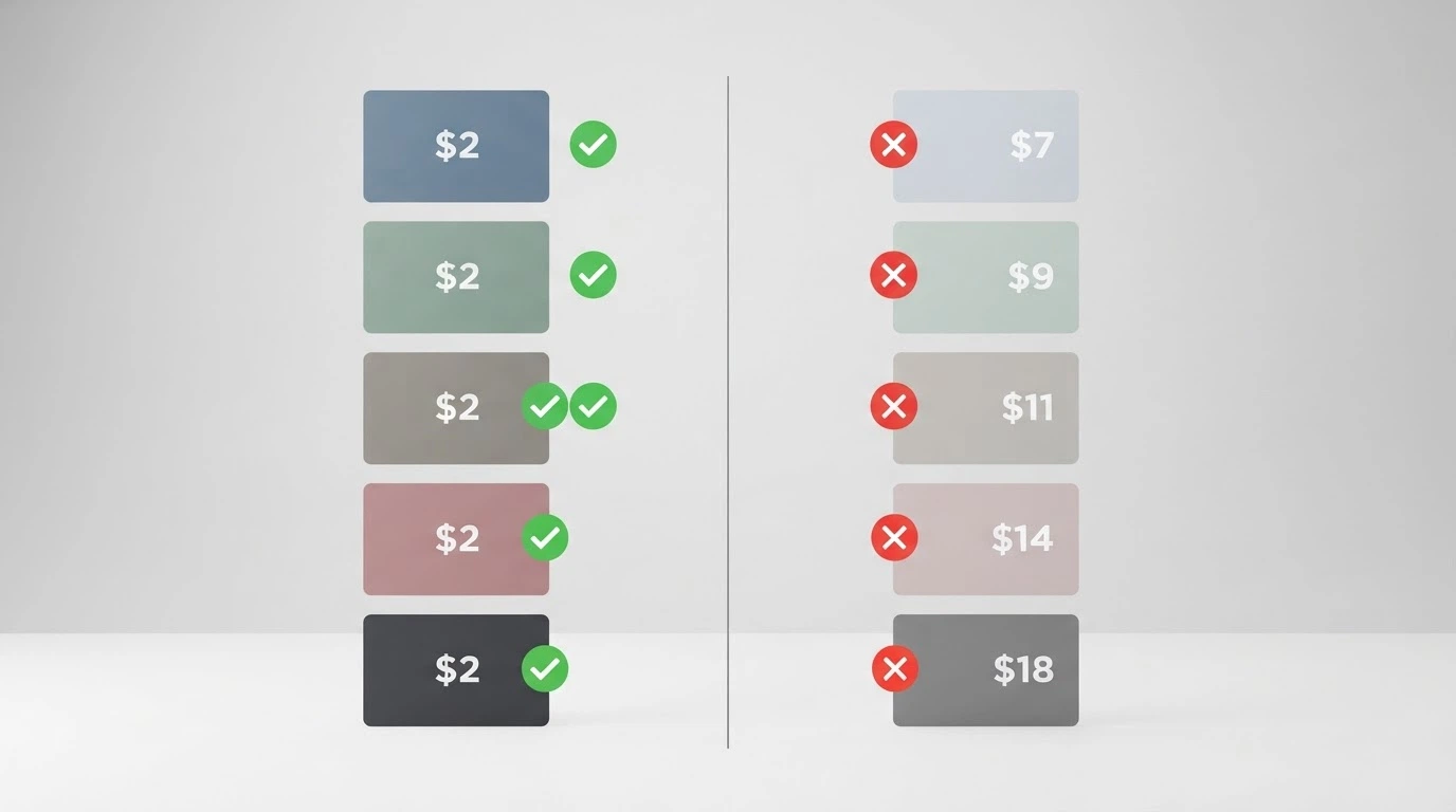A side-by-side arrangement of casino brand cards with deposit-amount labels, a green checkmark on the $2 amount and a red cross on higher amounts, against a clean comparison-grid background