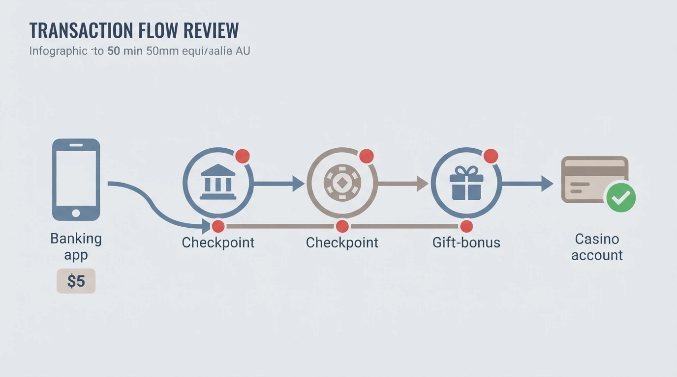 A diagram-style illustration of the PayID deposit flow from an Australian bank app to an offshore casino account, with a red marker at the point where bank blocks or casino floors can stop it