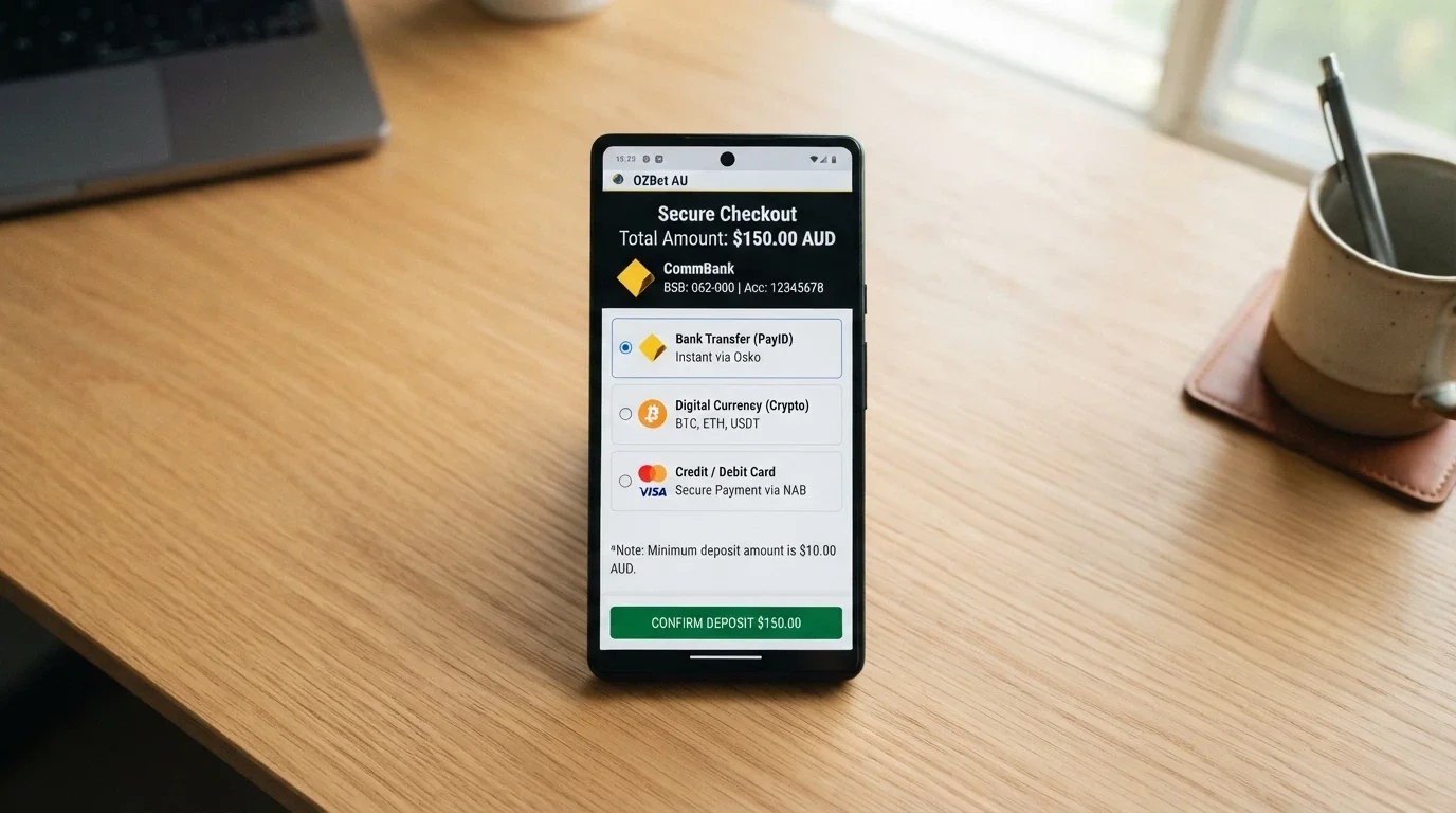 Android phone showing a casino cashier screen with PayID, Bitcoin and Visa deposit options listed in AUD, with a minimum-deposit note visible