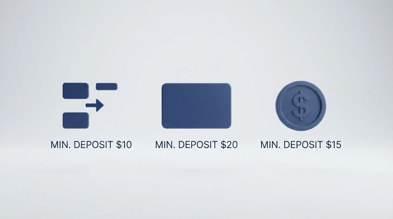 Three payment-method icons — PayID, a credit card and a Bitcoin symbol — arranged above their respective minimum deposit amounts in Australian dollars