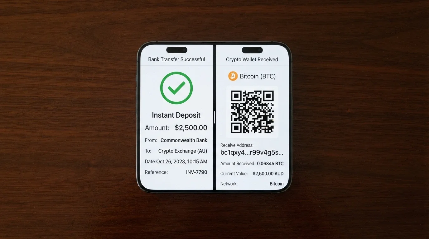 A smartphone banking app screen showing a PayID transfer with the Osko logo and a cryptocurrency wallet QR code side by side