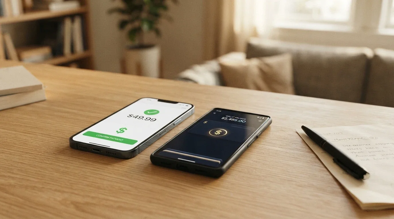 A smartphone showing a PayID payment screen beside a cryptocurrency wallet interface