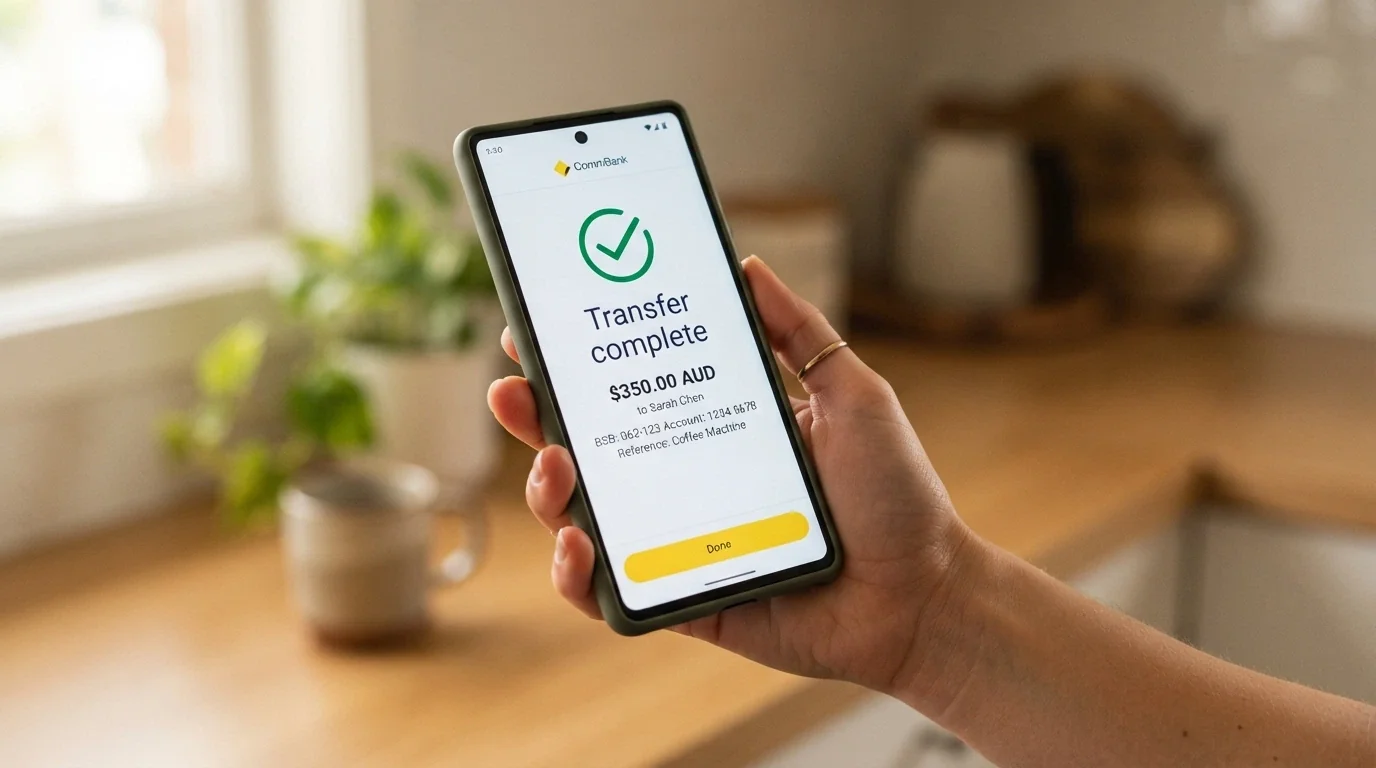 A smartphone banking app showing a PayID transfer confirmation screen with an Australian bank logo visible