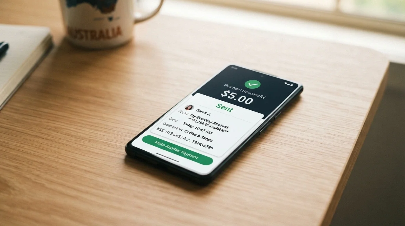 A close-up of a banking app screen showing a PayID transfer of $5 with the Osko logo visible and the transaction status reading “Sent”