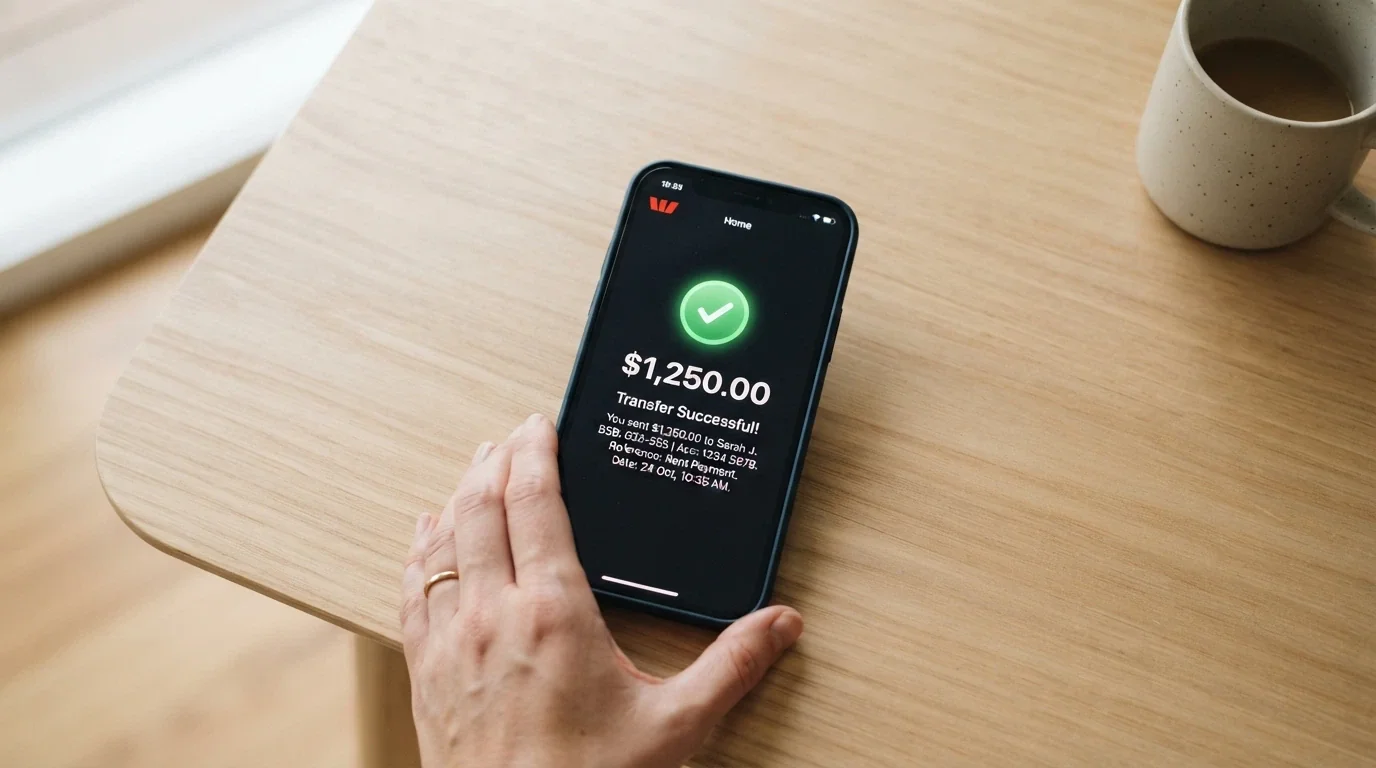 A mobile banking app screen showing a PayID transfer confirmation with a casino deposit amount in Australian dollars