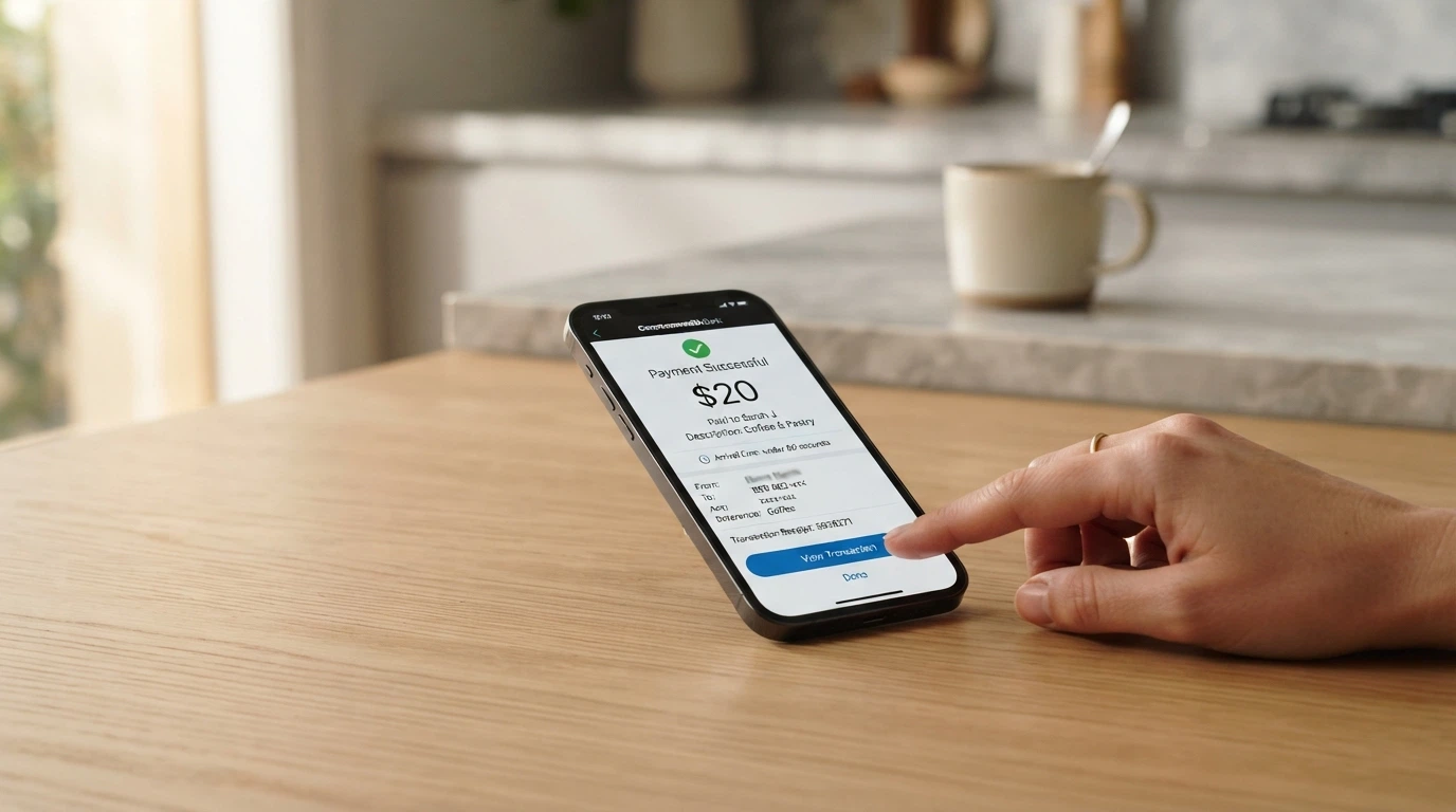 A smartphone showing a banking app with a PayID transfer confirmation of $20 to an online casino, with a processing-time stamp under 60 seconds