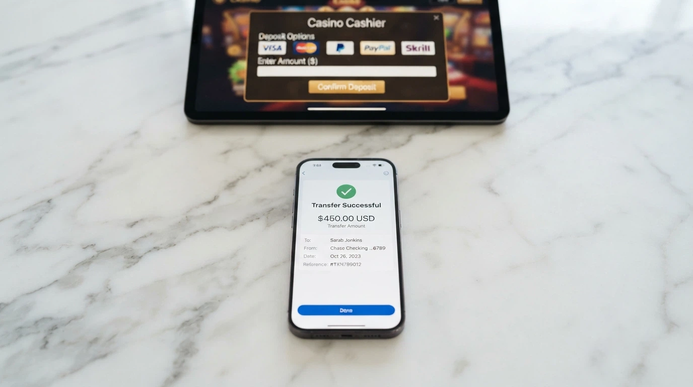 A smartphone banking-app screen showing a PayID transfer confirmation for A$50, with the casino cashier visible in the background as a picture-in-picture overlay