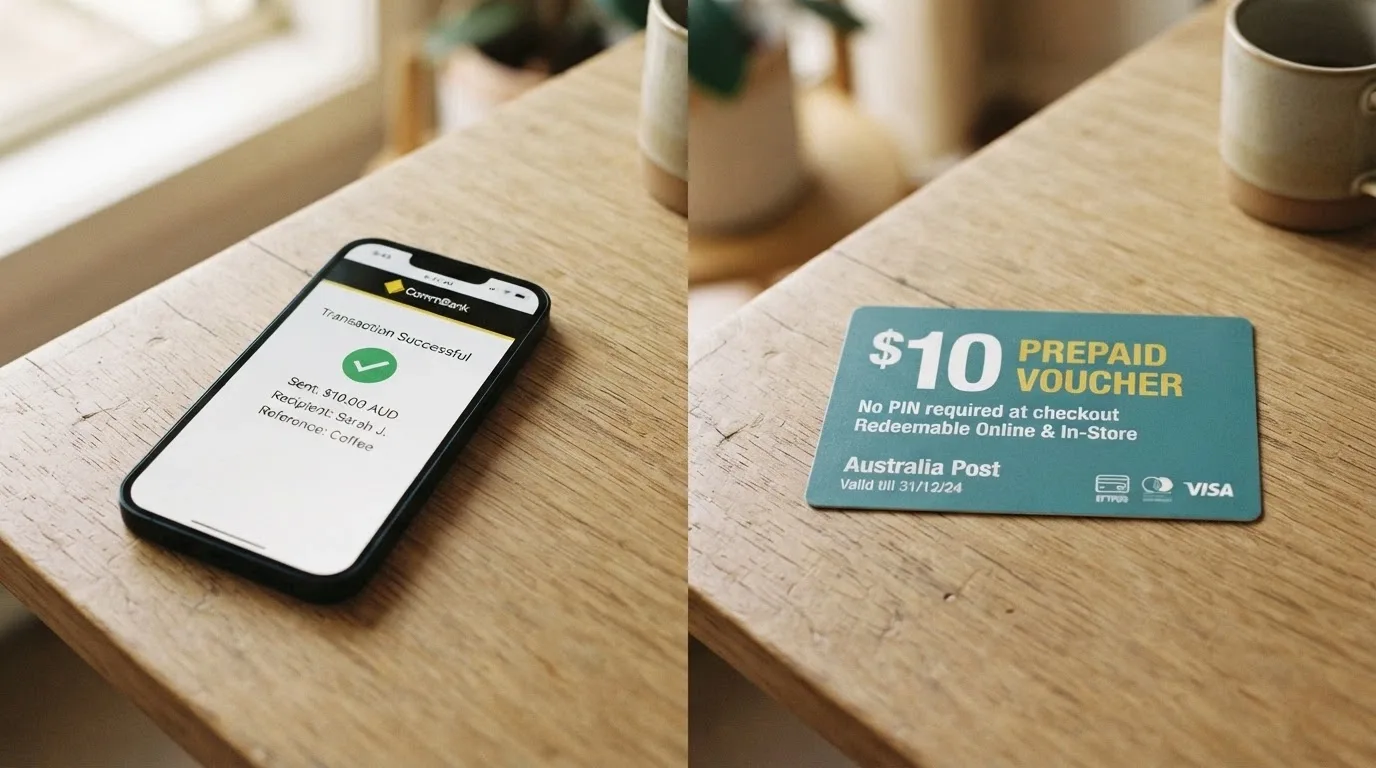 A split-screen showing a smartphone with a PayID banking app on one side and a Neosurf voucher card on the other, both displaying a $10 amount