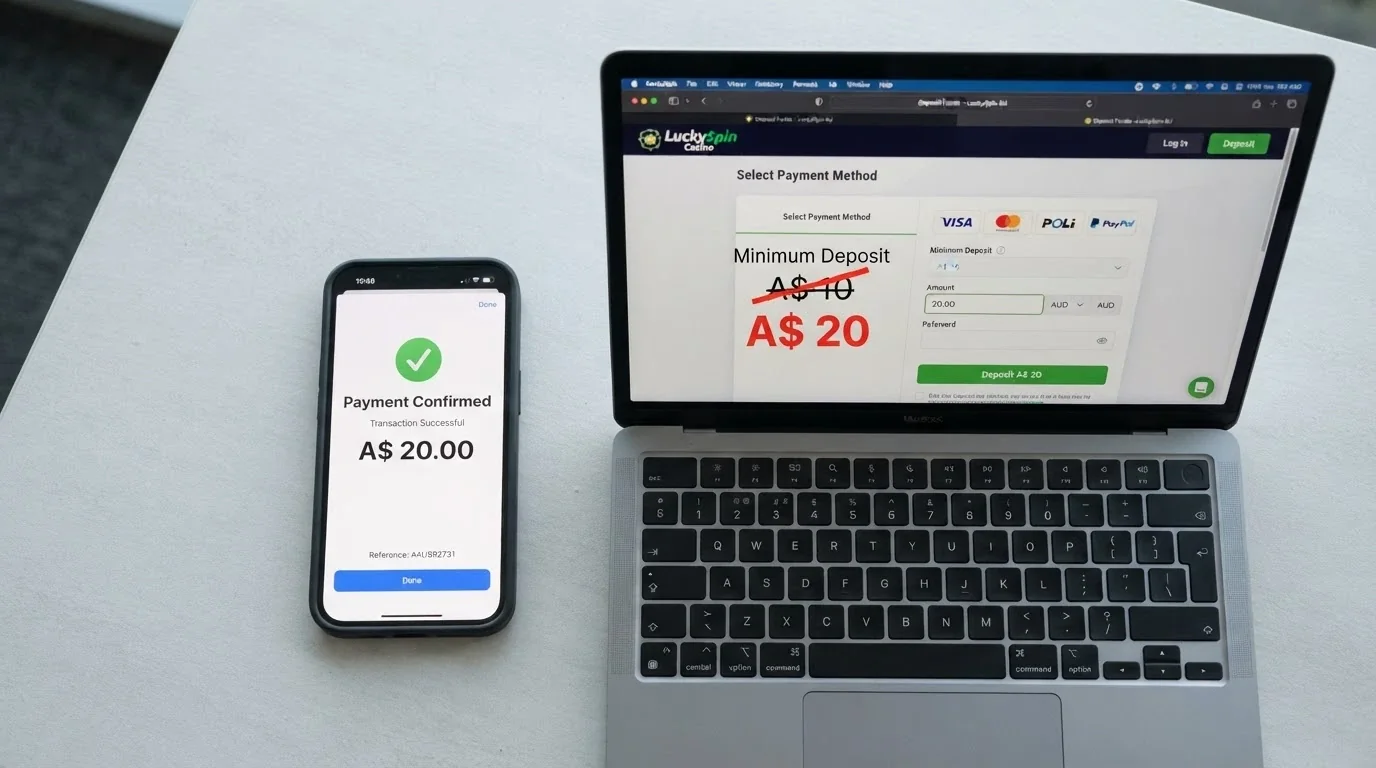 A smartphone showing a PayID payment confirmation beside a casino cashier screen with a crossed-out $10 minimum and a $20 replacement