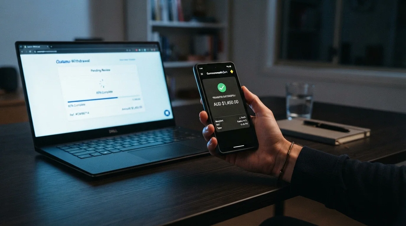 A phone screen displaying a banking app with PayID transfer confirmation, next to a laptop showing a casino withdrawal page with a pending status indicator