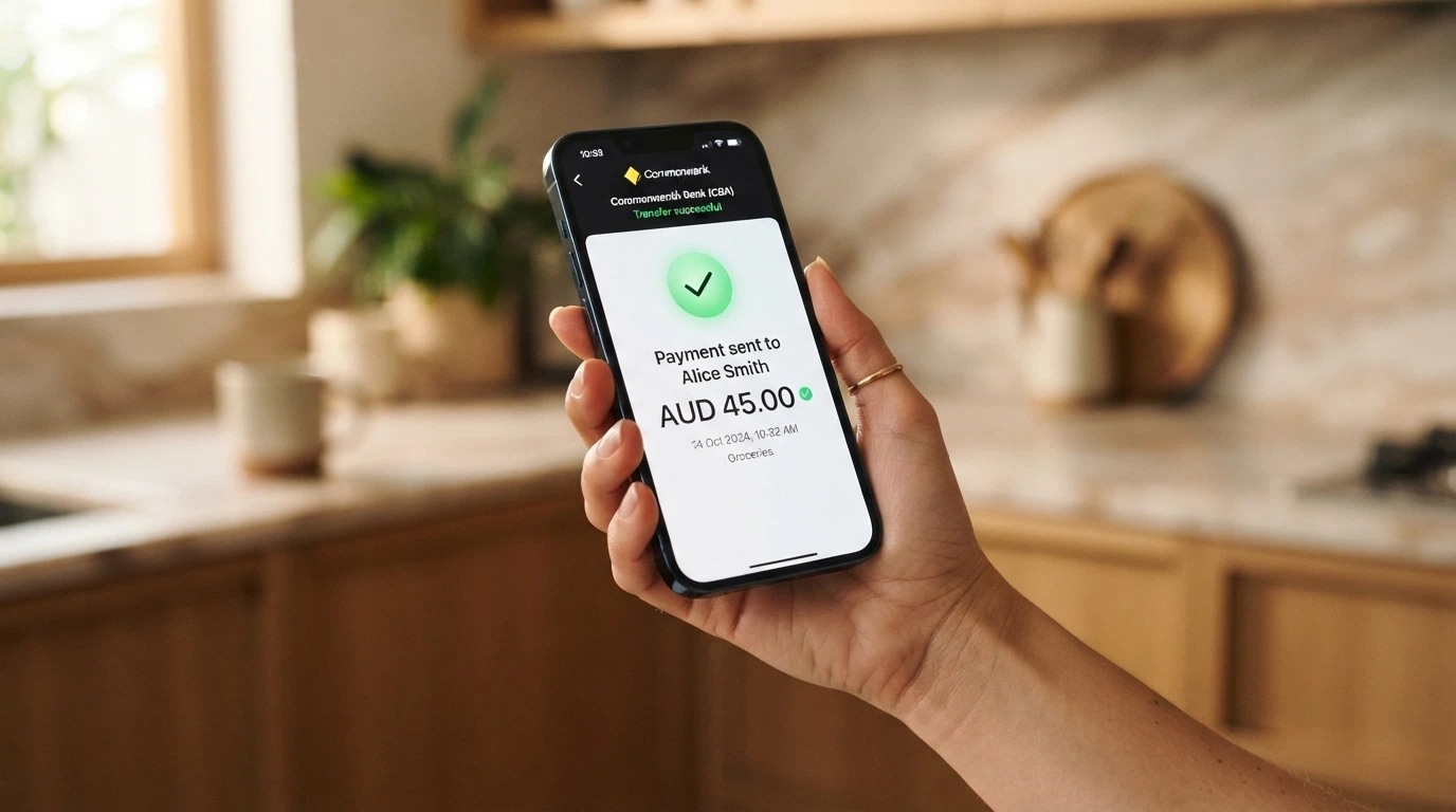A phone screen showing a PayID bank-transfer confirmation with an Australian bank interface