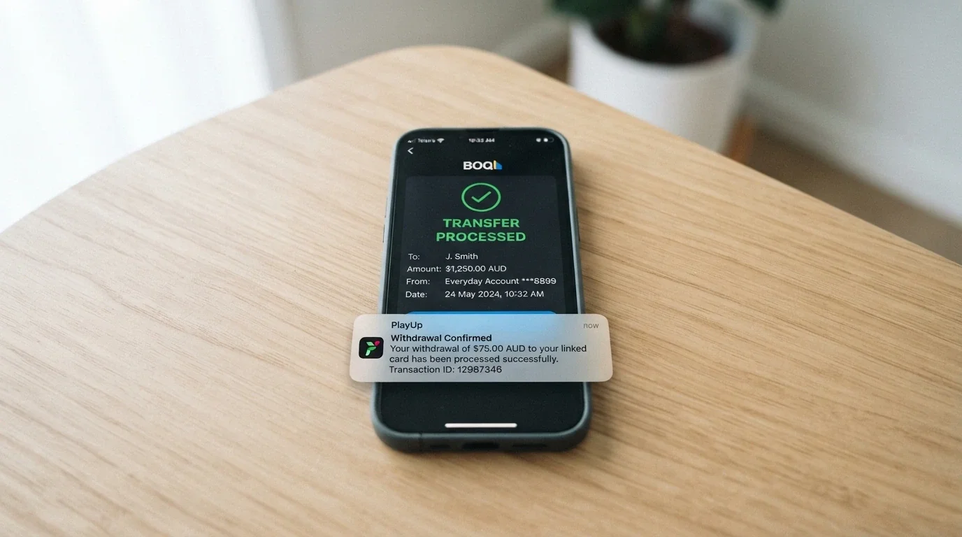 A banking app screen showing a PayID transfer marked as processed, with a casino withdrawal confirmation next to it on a smartphone