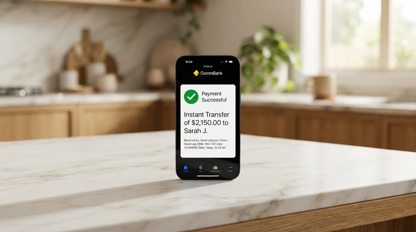 A smartphone showing a bank app with a completed Osko transfer notification