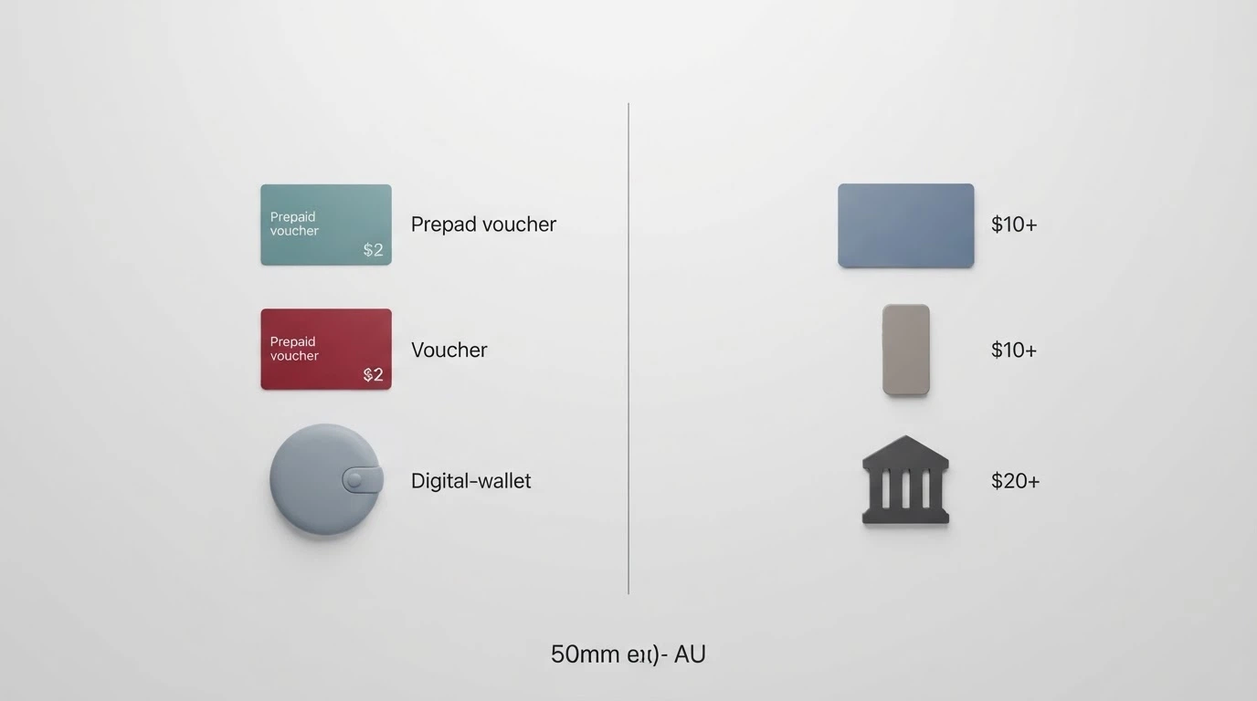 A Neosurf voucher, a Paysafecard and a cryptocurrency wallet icon on one side of a dividing line with a credit card, a PayID logo and a bank transfer icon on the other side, labelled with dollar amounts