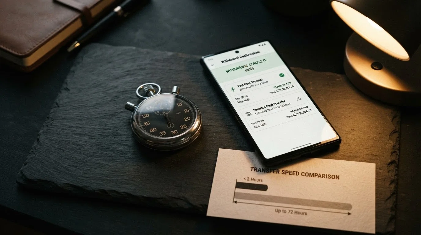 a stopwatch beside a smartphone showing a withdrawal confirmation screen with crypto and PayID amounts, with a timeline graphic beneath
