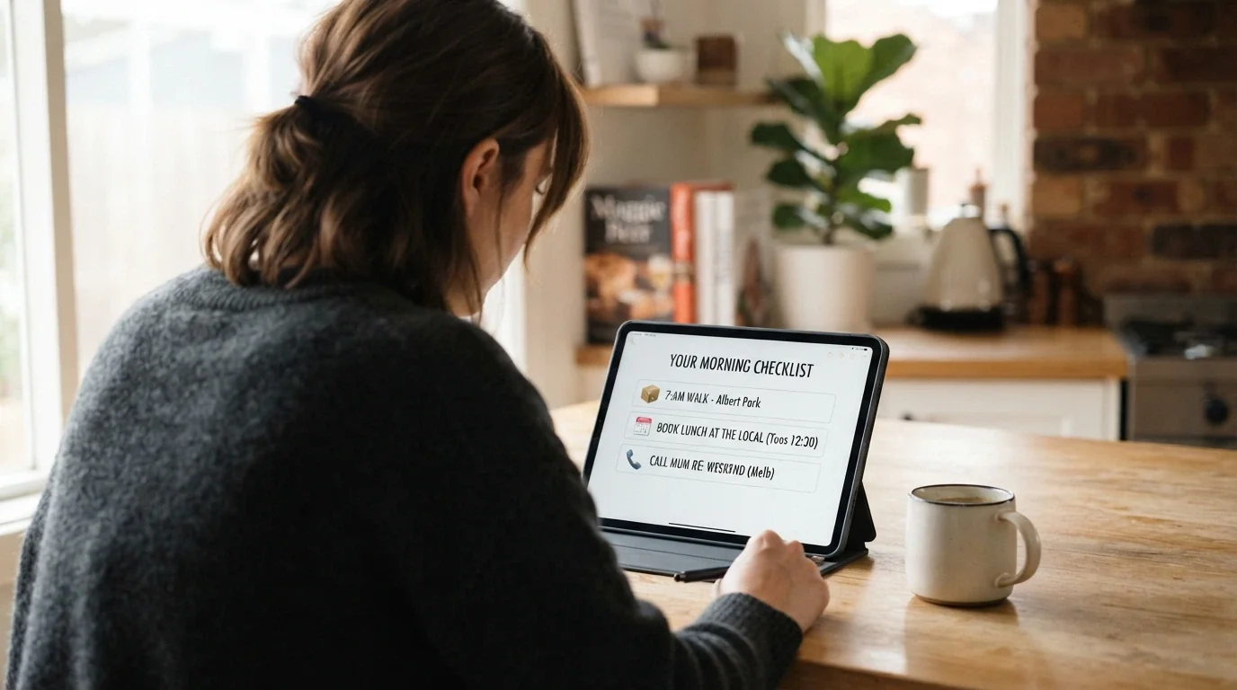 An Australian player reviewing casino bonus terms on a tablet over coffee, with the decision framed as a checklist