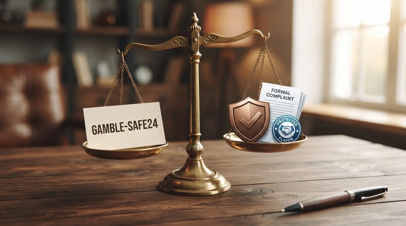 A set of balance scales with a promo code on one side and a stack of player-protection icons — BetStop logo, ACMA badge, consumer complaint form — on the other, weighted toward the protection side