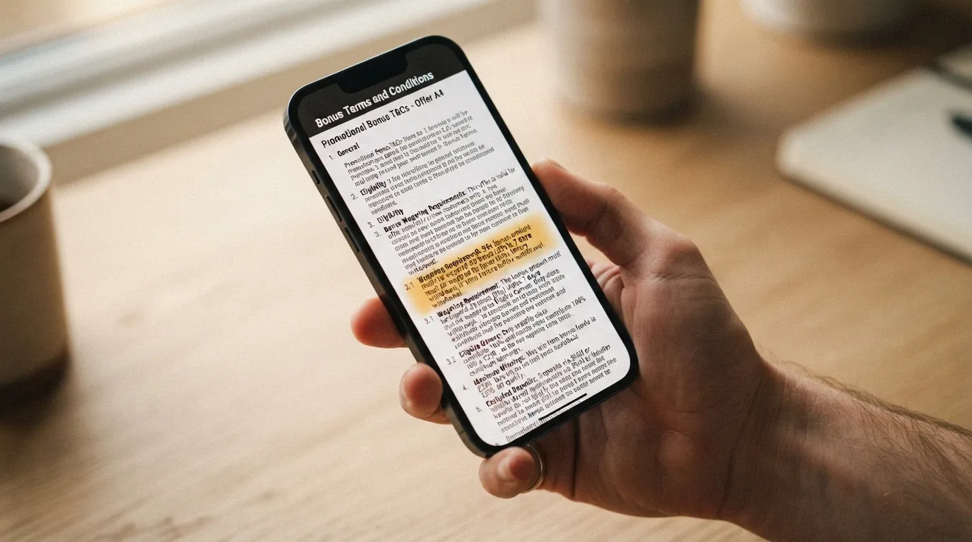 A close-up of a smartphone screen displaying a bonus terms and conditions page, with the wagering-requirement figure highlighted in a contrasting colour