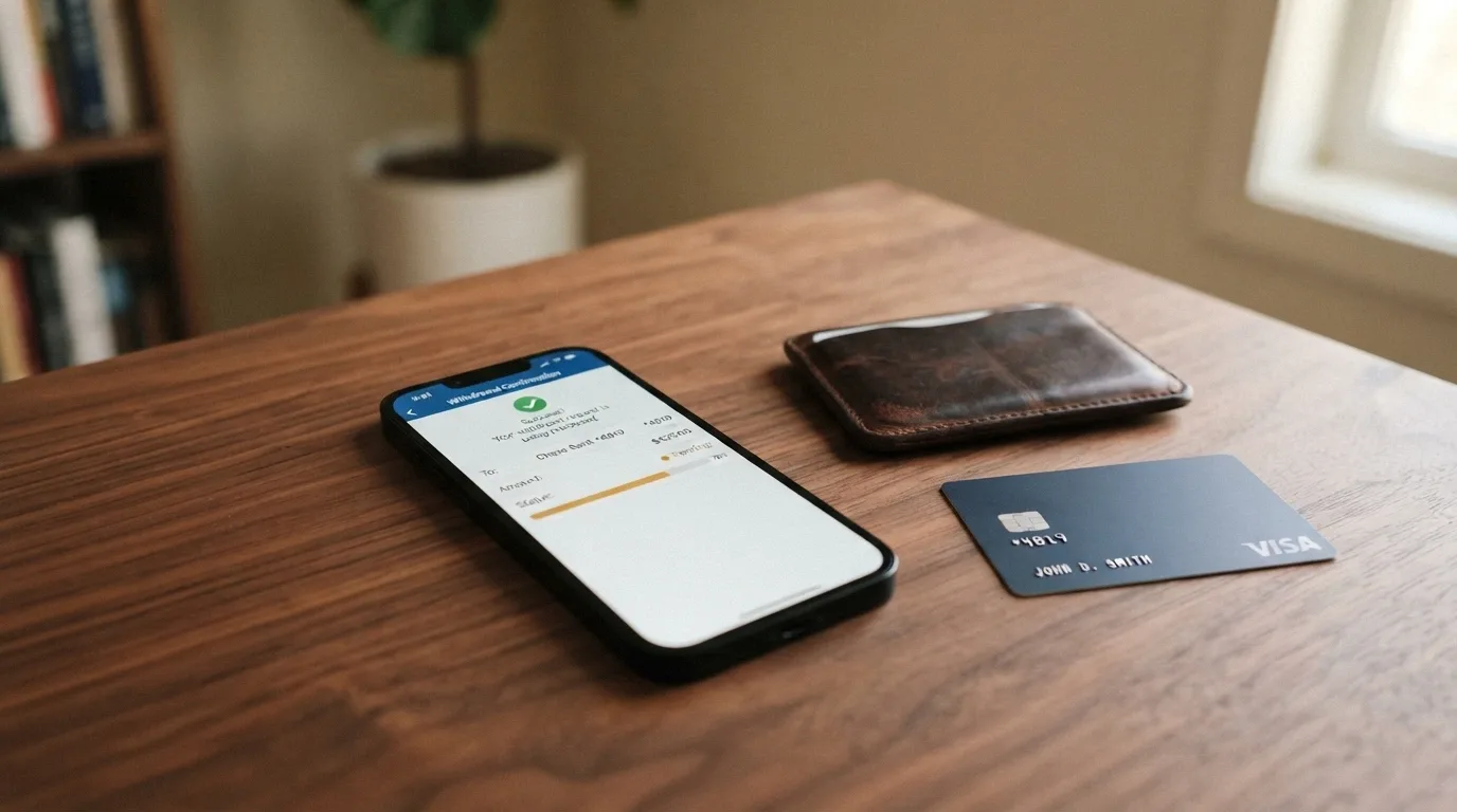A smartphone lying on a timber desk beside a wallet and a debit card, the screen showing a withdrawal-confirmation interface with a pending-status indicator