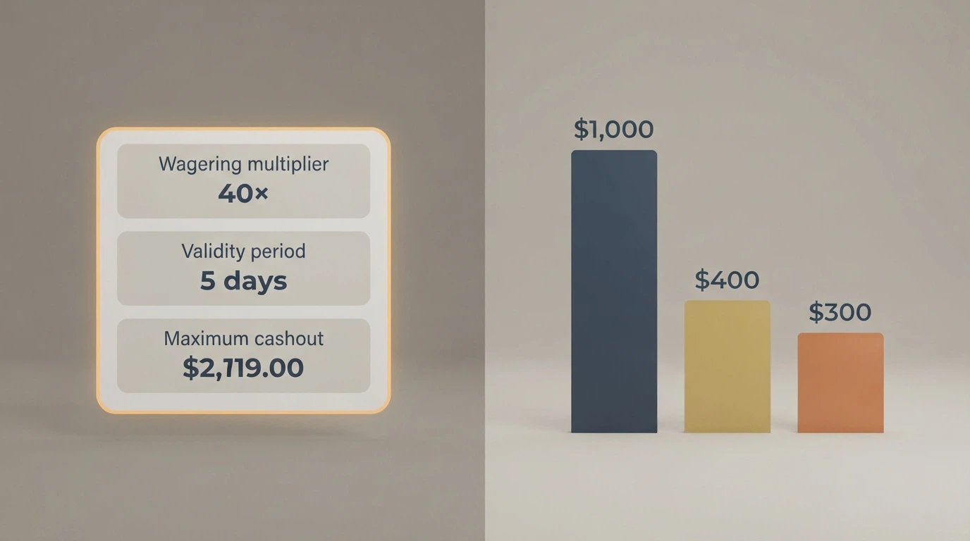 A close-up of a bonus terms pop-up on a casino site, with the wagering multiplier, validity period and max cashout fields highlighted — next to it, a simple visual showing the bonus amount shrinking through the wagering requirement