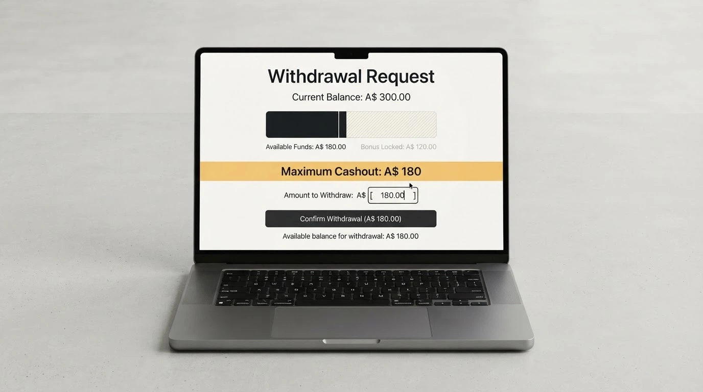 A digital withdrawal screen showing a balance partly greyed out with a “Maximum Cashout: A$180” label visible