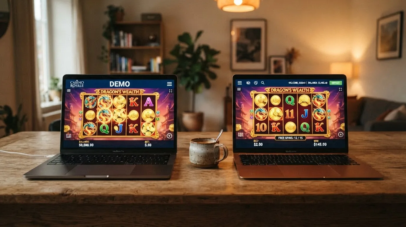 A split-screen showing a colourful online pokies game on the left labelled demo credits and the same game on the right with a real-money balance and a free-spins counter