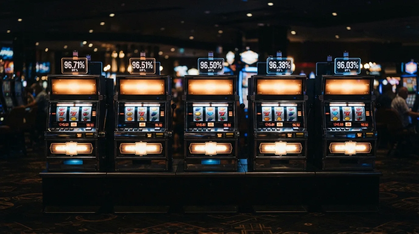 A row of pokie reels with different RTP percentages displayed above each set