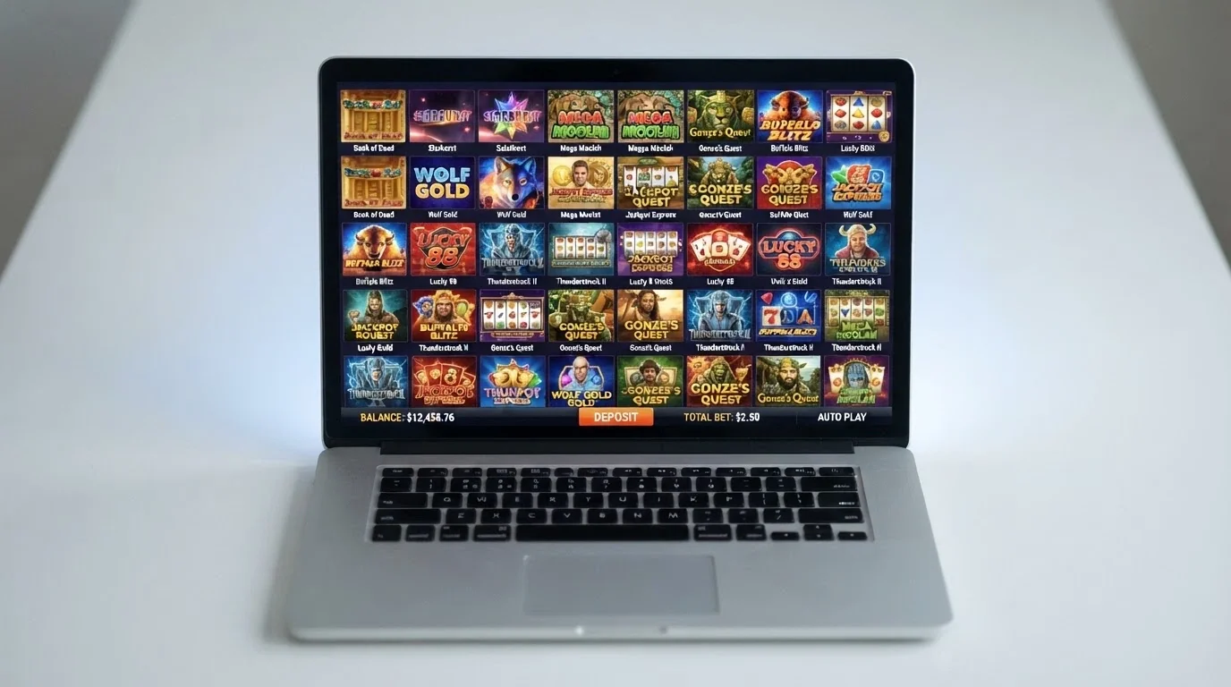 A grid of colourful online pokies game tiles on a casino interface, with Australian dollar amounts visible on the deposit bar