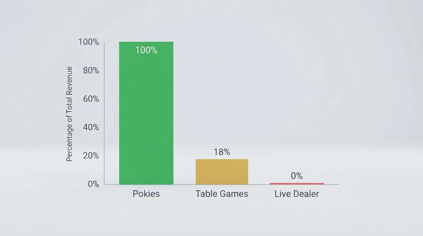 A bar chart comparing game-type contribution rates — pokies at 100%, table games at 10–20%, live dealer at 0%
