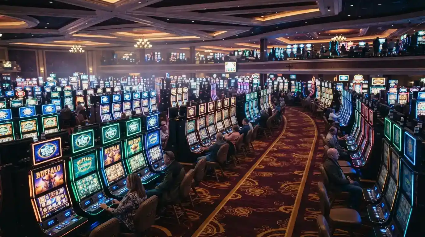 Rows of gaming machines across the two-level gaming floor