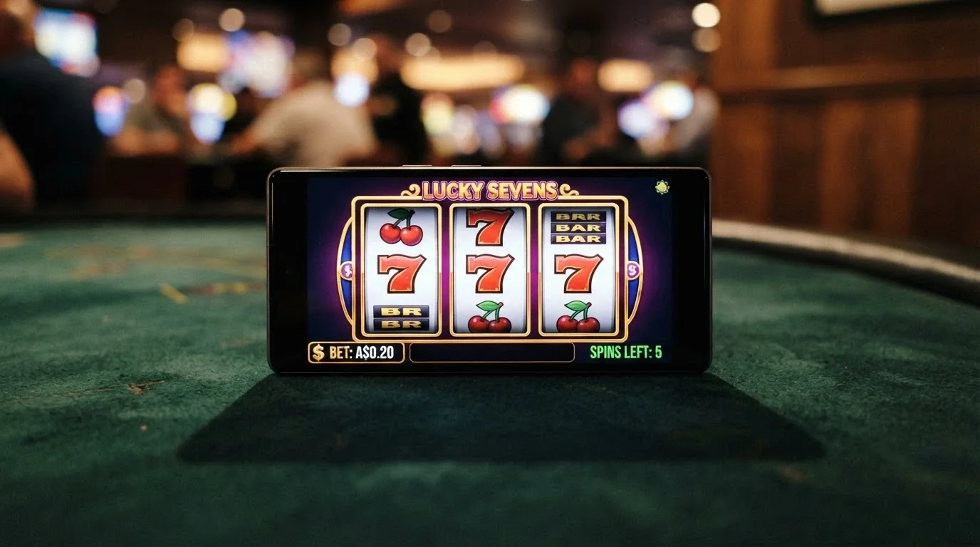 A close-up of a pokies reel on a smartphone screen with the bet display set to A$0.20, showing five spins remaining from a $1 balance