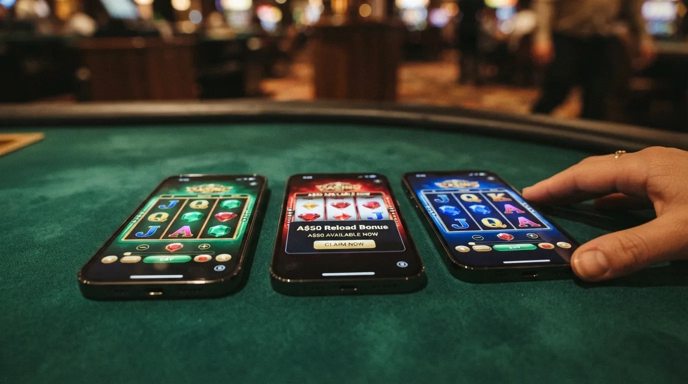 A row of online pokies screens showing a reload bonus pop-up notification, with Australian dollar amounts visible on the interface