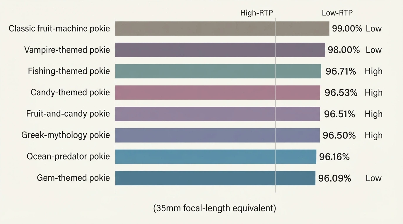 A horizontal bar chart ranking eight popular online pokies by RTP percentage, from Mega Joker at 99.00% down to Starburst at 96.09%, with volatility labels beside each bar