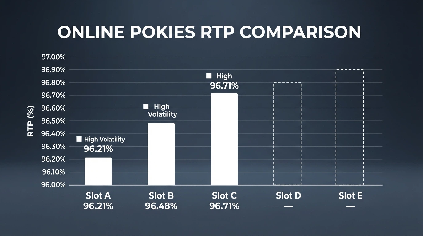 A stylised data visualisation showing RTP percentages and volatility levels for popular online pokies titles, with bar comparisons