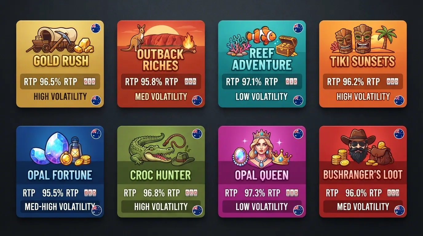 A grid of pokies title cards — Big Bass Bonanza, Sweet Bonanza, Gates of Olympus, Wolf Gold — with RTP percentages and volatility badges overlaid