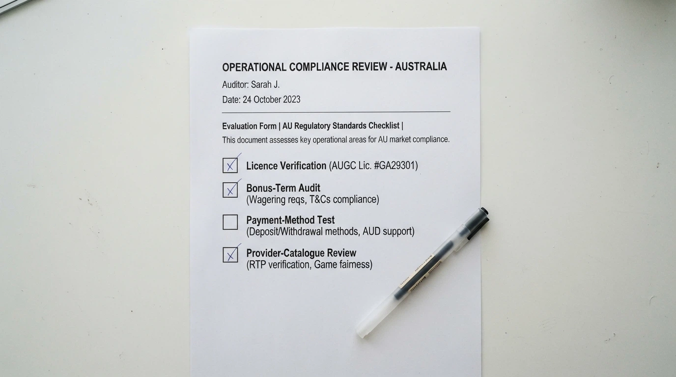 A checklist-style document with evaluation criteria including licence verification, bonus-term audit, payment-method test and provider-catalogue review
