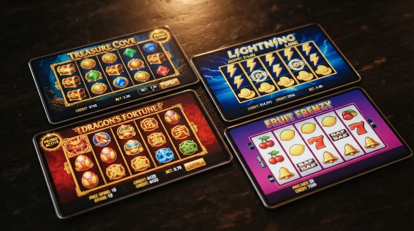 A grid of colourful online pokies title cards — Lightning Link, Dragon Link and Aristocrat-style reels — with a “free spins eligible” badge on the ones that accept no-deposit offers