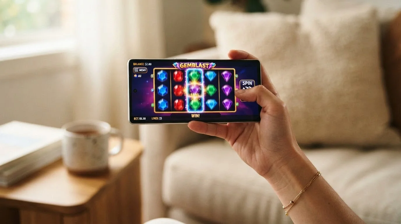A smartphone showing a pokies reel with a visible balance of $2.00 AUD, with a spin button and a bet-amount selector set to $0.20, against a softly lit home setting