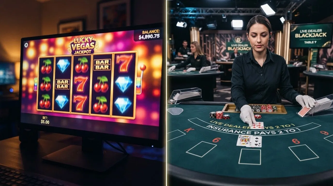 A split-screen showing an online pokie game on one side and a live-dealer blackjack table on the other, with contribution percentages overlaid