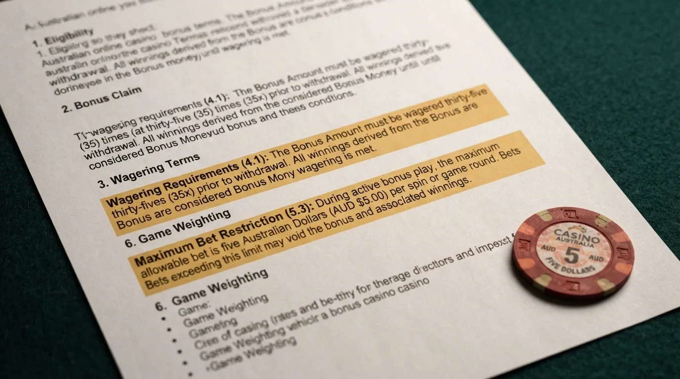 A close-up of bonus terms and conditions text with the wagering multiple and max-bet clause circled in a highlight overlay