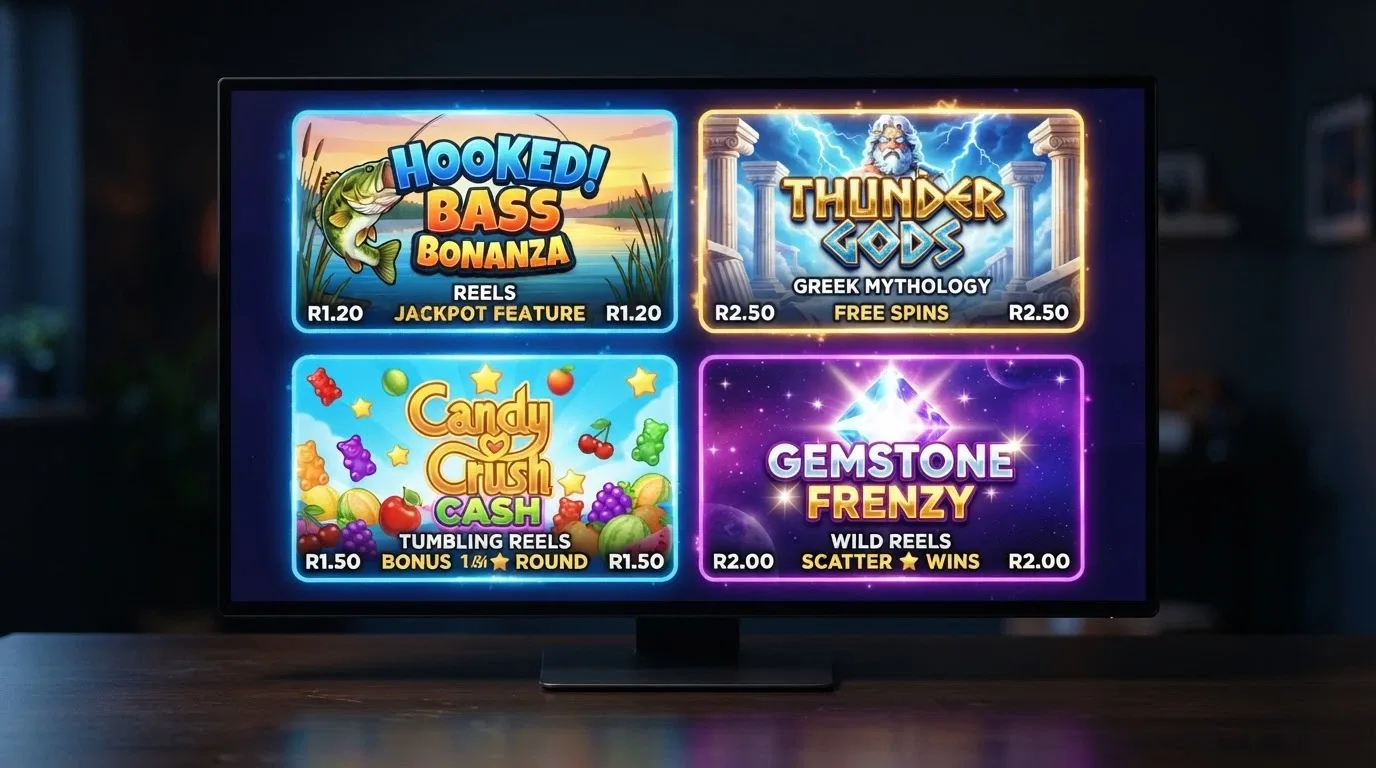 A collage of pokie game title screens — Big Bass Bonanza, Gates of Olympus, Sweet Bonanza and Starburst — arranged as if on a casino lobby grid
