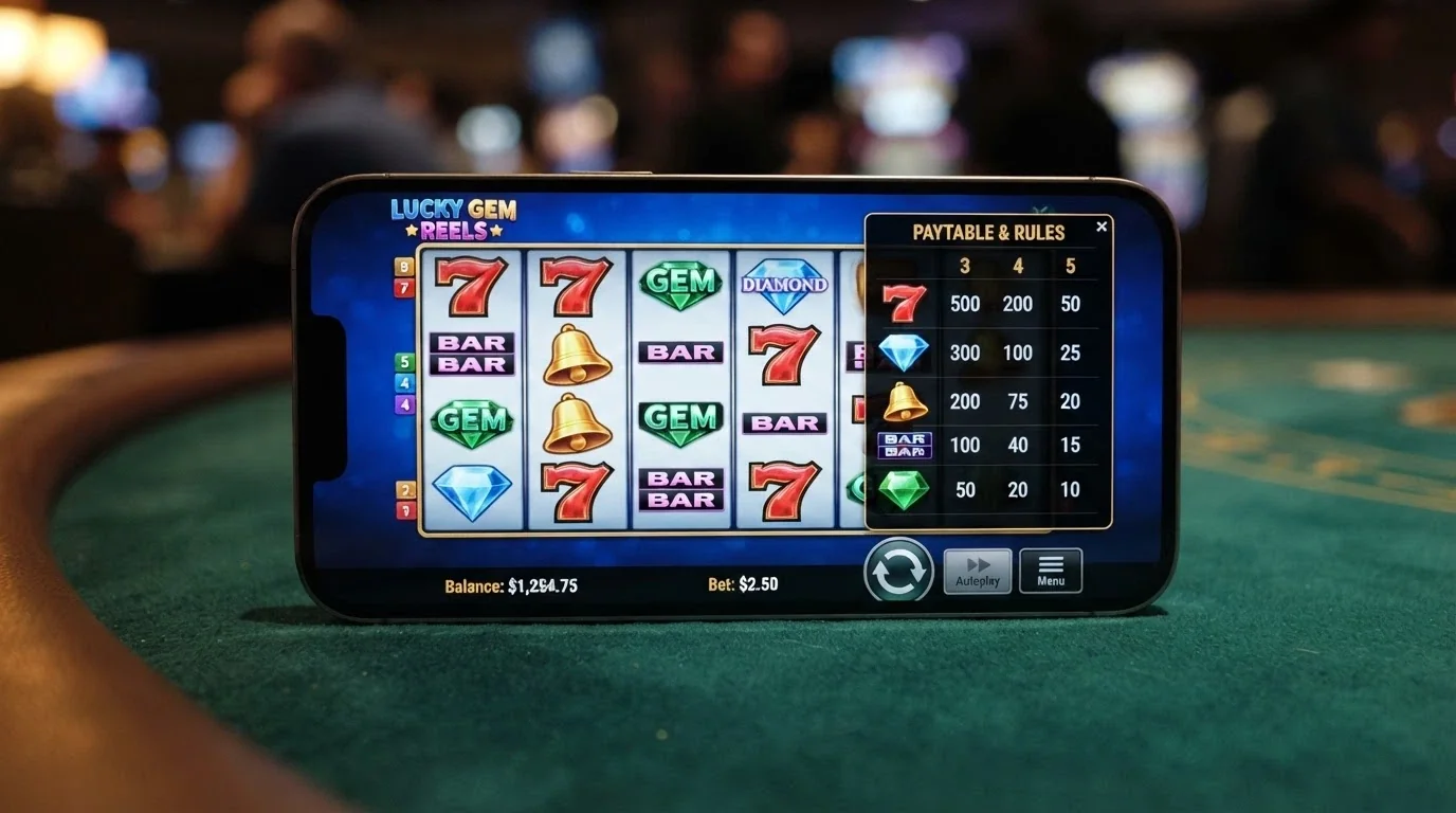 A smartphone in landscape orientation showing a five-reel pokies game with the paytable overlay open, reels frozen mid-spin