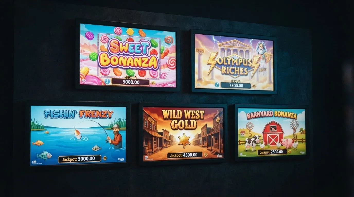 A grid of five iconic Pragmatic Play pokie title screens — Sweet Bonanza, Gates of Olympus, Big Bass Bonanza, Wild West Gold and Bigger Barn House Bonanza — on a dark background