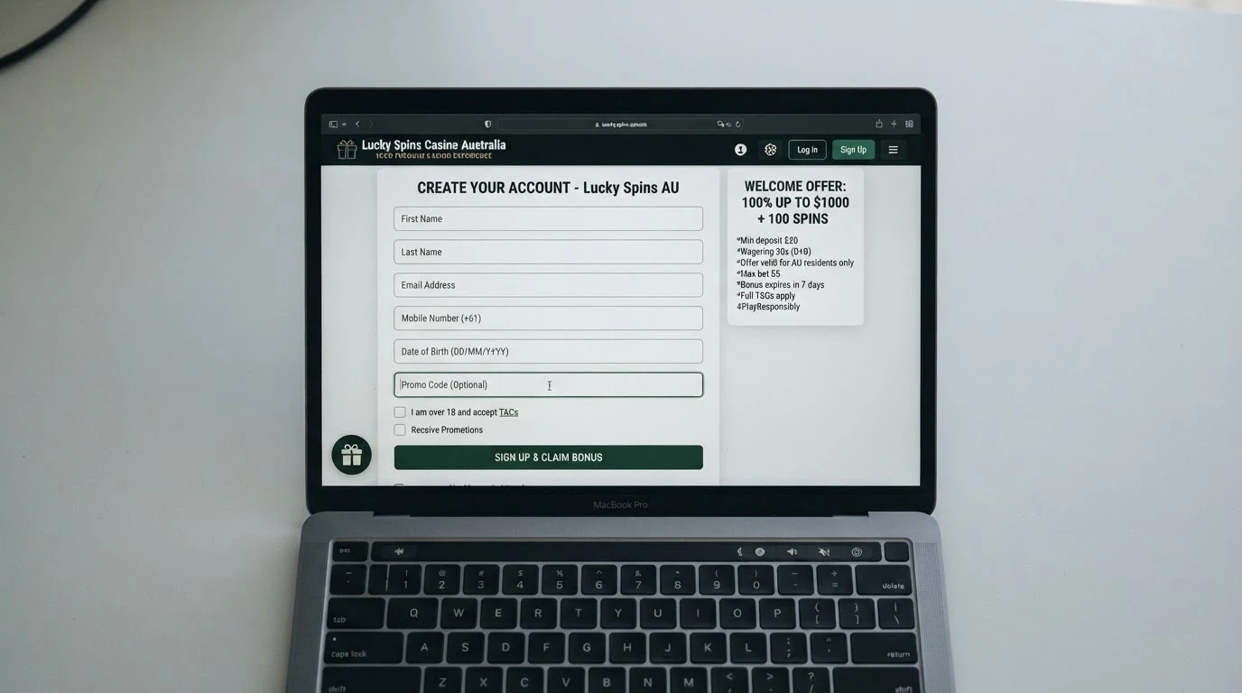 A casino sign-up form with the promo-code field visible, a cursor hovering over it, and the welcome-offer terms displayed alongside