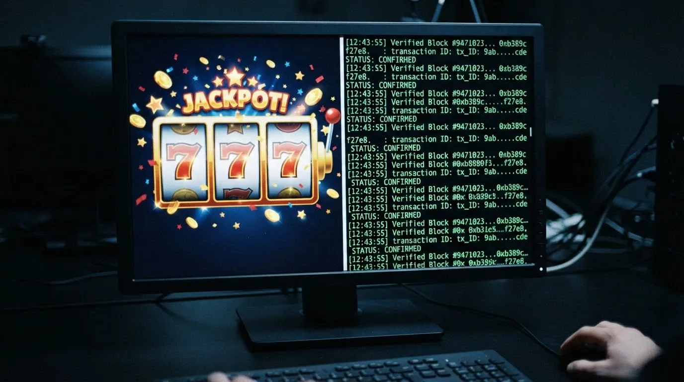 A split screen showing a slot game result on one side and blockchain verification code on the other
