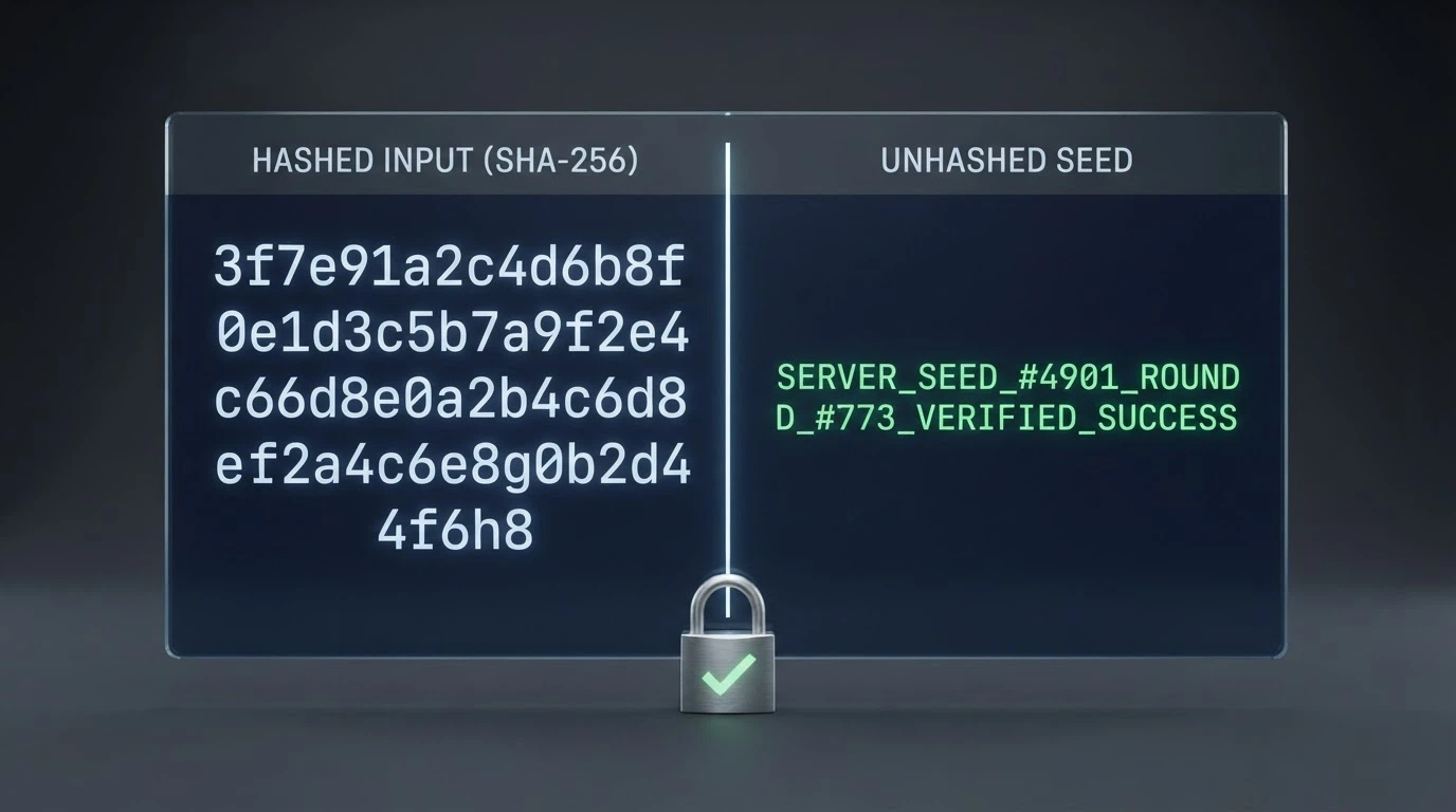 A split-screen display showing a hashed server seed published before a game round on the left and the unhashed seed revealed after on the right