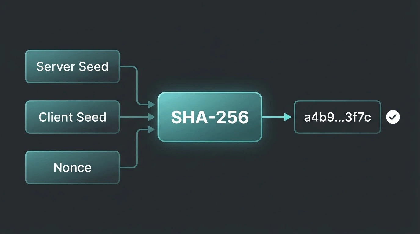 A simplified diagram of SHA-256 hashing with three labelled inputs — server seed, client seed and nonce — producing a verifiable game result