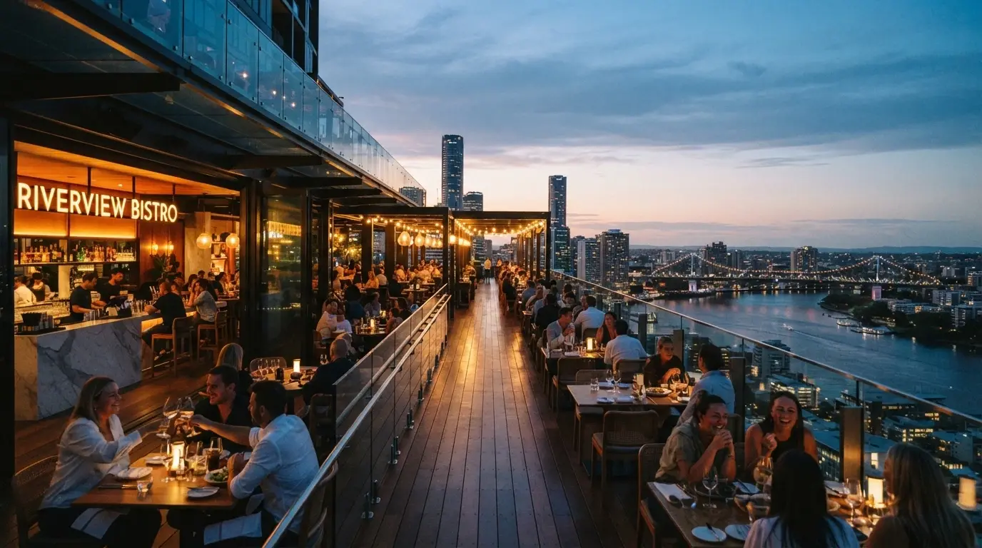 The Sky Deck rooftop runway with restaurants and bars 100 metres above the Brisbane River
