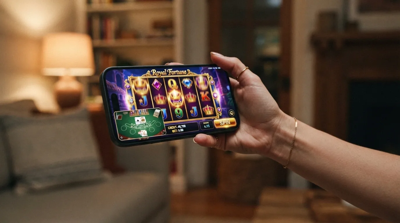 An iPhone in landscape mode displaying a pokie game reels in mid-spin, with a live-dealer blackjack table inset in the corner