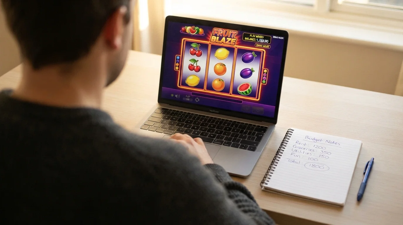 An Australian player at a laptop, a notepad with a handwritten budget beside the keyboard, and a 3-reel pokie on screen in free-play mode